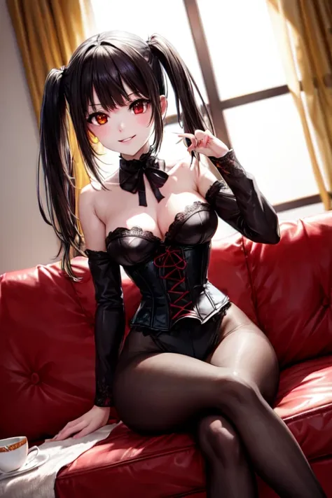 kurumitokisaki, tokisaki kurumi, clock eyes, black hair, twintails, (red eyes:1.2), (yellow eyes:1.2), heterochromia, (medium breast:1.3), grin smile, BREAK looking at viewer, BREAK living room background, BREAK (masterpiece:1.2), best quality, high resolu...