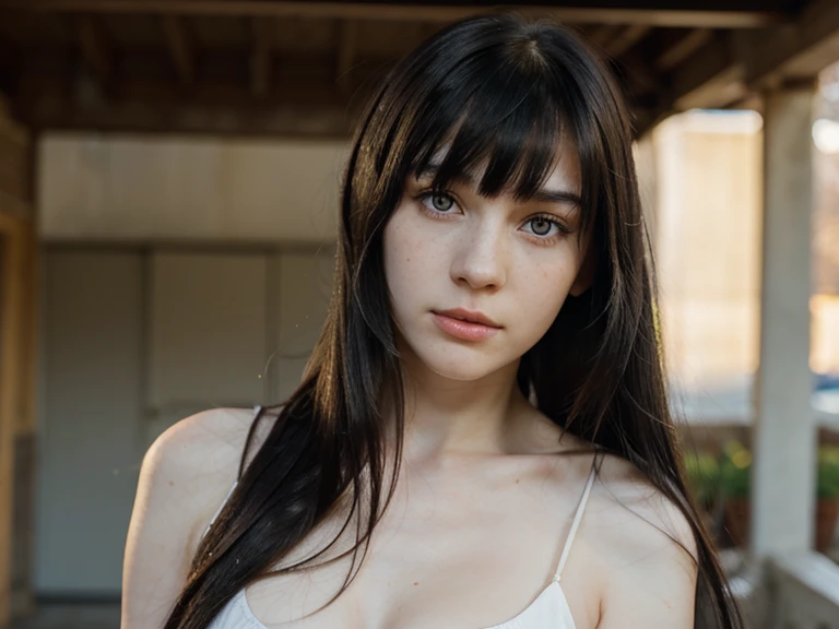 Pale skin Russian girl with freckles and yellow eyes with long straight black hair with bangs.