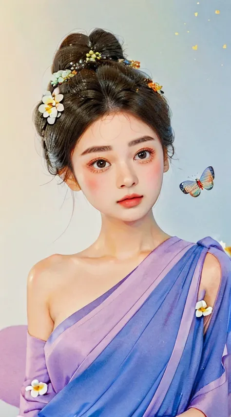 a young woman，whole body，solid color background，black hair，hair accessories，flowers， bun，Butterfly，masterpiece，best quality，best details，Clear beautiful eyes，delicate face，