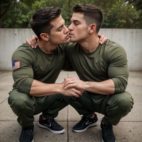 Two handsome men with athletic bodies, they were wearing military pants, shirts and shoes, they were hugging each other, their lips were kissing each other, and their crotches were rubbing against each other