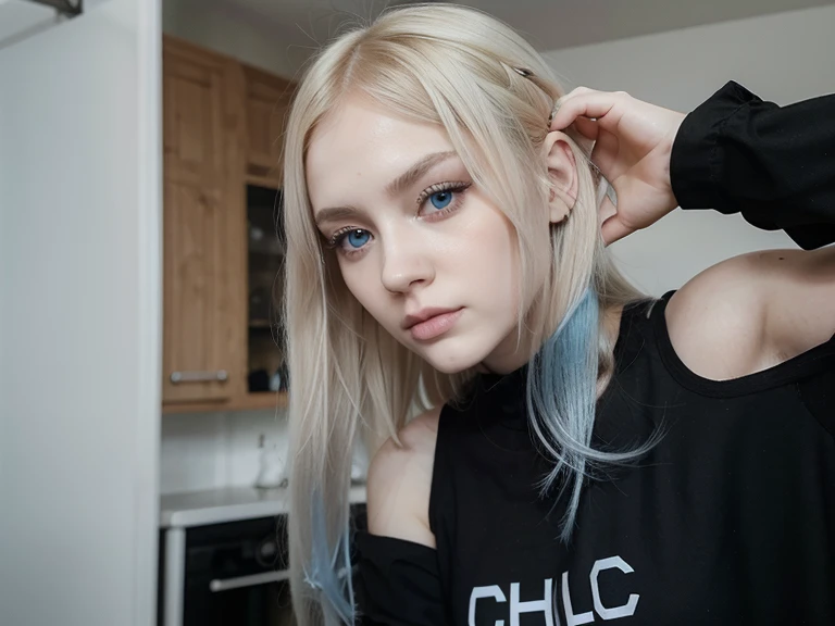 A Russian girl with pale skin, ojos amarillos y cabello negro largo con flequillo abrazando a otra chica rusa de piel blanca rubia con dos coletas y ojos azules.