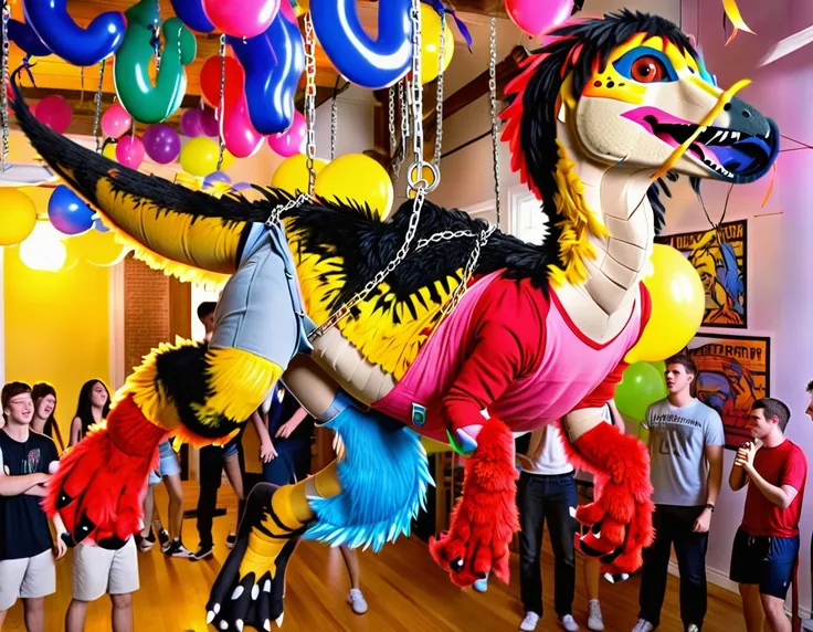 Ultra high resolution, best quality, masterpiece, (involuntary pinata transformation), mid transformation, (a terrified and aroused male human college boy deinonychus velociraptor piñata sexdoll hybrid at college frat party:1.9), (upperclassmen gather arou...