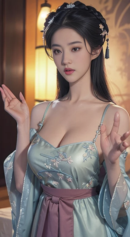 Super detailed,very detailed,best quality,masterpiece,Enlightenment,actual, web rod,Chinese underwear, [[[特写cleavage]]]]Huge long saggy breasts, looking at the audience，cleavage, 1个Giant Breast Girl, alone, long white hair, Half-hammered shark, clavicle, d...