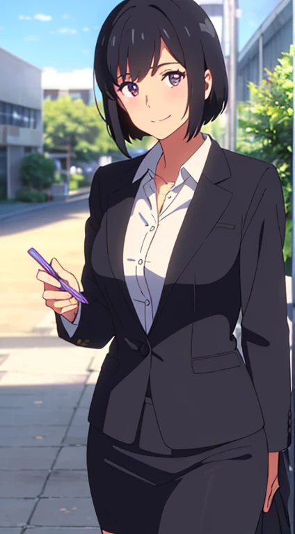 shinkai makoto, kimi no na wa., 1girl, bangs, black hair, blush, dark purple eyes, sky, cloud, looking at the viewer, outdoors, short hair, smile, solo, ​suit, office lady, black skirt, black blazer, pencil skirt, white shirt, collared shirt, brown pantyho...