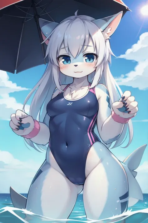 Shark girl wearing a swimsuit, furry, cute, moe