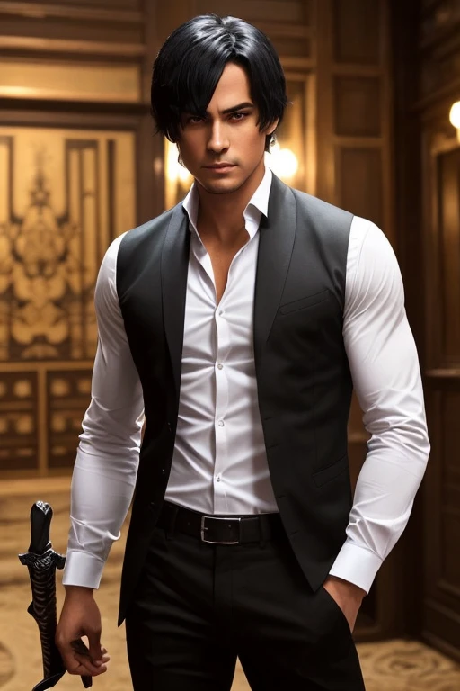 Muscular,green eyes,packed black hair,a sword at his back,wearing a white button shirt opened the top button,folded sleeve, a bit tanned.