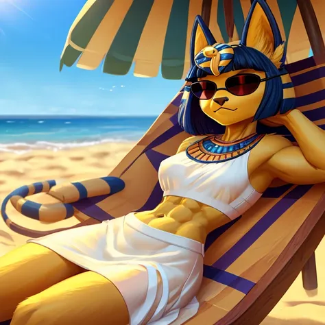 a digital artwork of ankha with abs wearing a crop top of her white sleeveless dress outfit with a bare midriff and a bare navel...