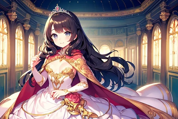 (kawaii),(best quality),(ultra detailed),(rococo style),(long train pastel pink cape:1.15), very long cape,(long train white ball gown with flower decorations:1.1), a girl is wearing a cape over her gown, 1 little princess, tiara, smile, very long hair, sm...