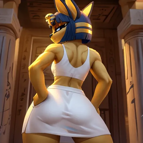 a digital artwork of ankha with abs wearing a crop top of her white sleeveless dress outfit with a bare midriff and a bare navel , digital art, ((perfect face)), ((best quality)), ((masterpiece)), back view