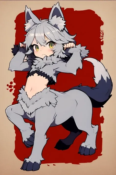 wolf girl、2 Men Arms、Four wolf legs、quadrupedal walking、delicate、delicate face、wolf ears、Silver hair and fur、flat chest、exposure of the abdomen、Super high quality