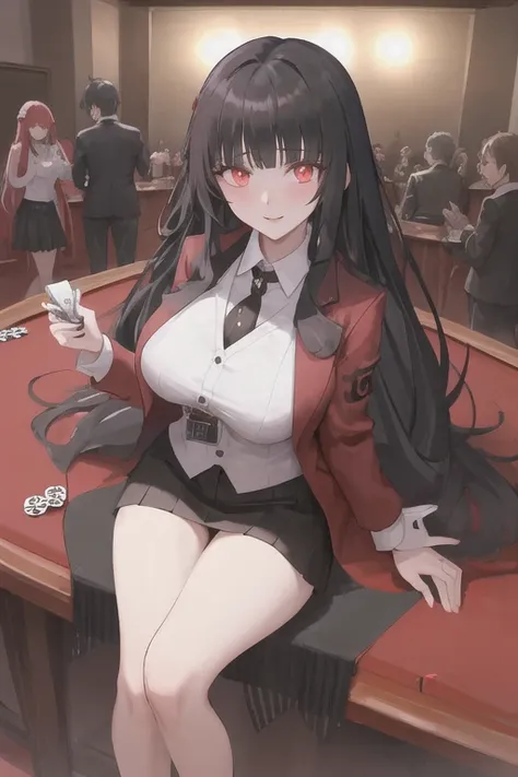 very long hair, black hair, jacket, red_jacket, red_eye, bangs, school_, straight hair, blunt_bangs, inside a casino, poker tabl...