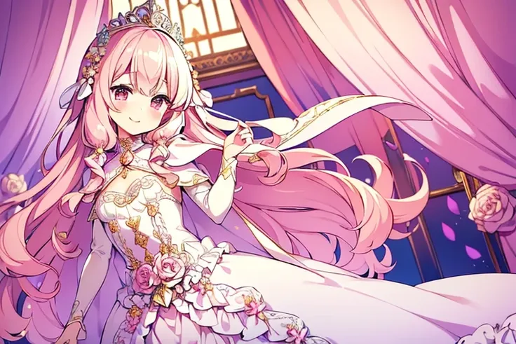 (kawaii),(best quality),(ultra detailed),(rococo style),(long train pastel pink cape:1.15), very long cape,(long train white ball gown with flower decorations:1.1), a girl is wearing a cape over her gown, 1 little princess, tiara, smile, very long hair, sm...