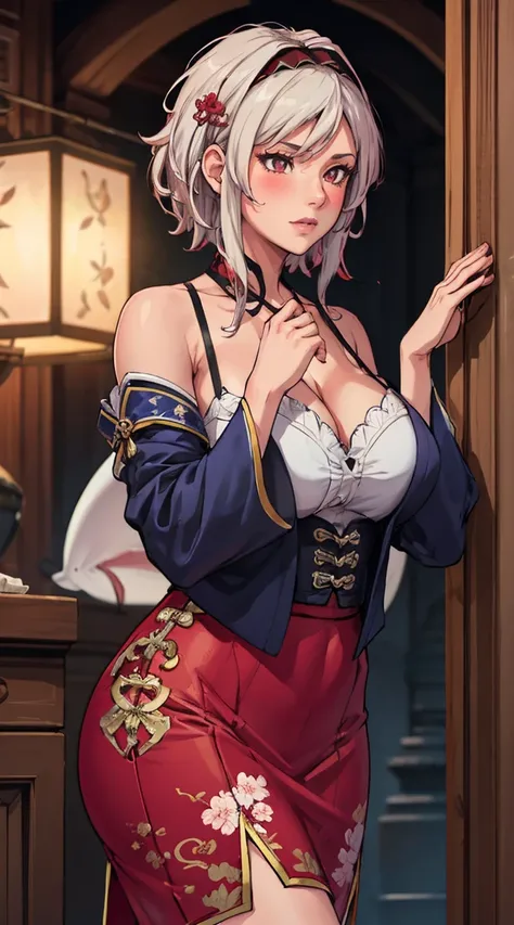 Super detailed,very detailed,best quality,masterpiece,Enlightenment,actual, web rod,Chinese underwear, [[[特写cleavage]]]]Huge long saggy breasts, looking at the audience，cleavage, 1个Giant Breast Girl, alone, long white hair, Half-hammered shark, clavicle, d...