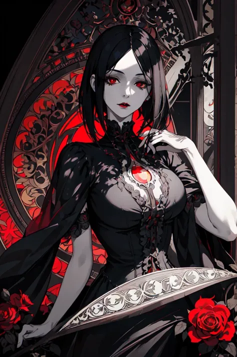 basic art nouveau，vampire woman with black hair and red eyes，short hair，（upper body portrait），young，(((oval face)))，dark clothes...