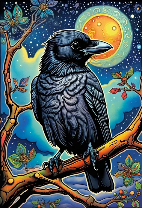 hooded crow on a branch (art by louis wain): psychedelic prints,dachshund under the night sky, ((illustration by louis wain)), 
(extreme detail), ((best quality)), ((masterpiece)), ((realistic)), (perfect) , 8k,, 8k, —q 4 —s 750