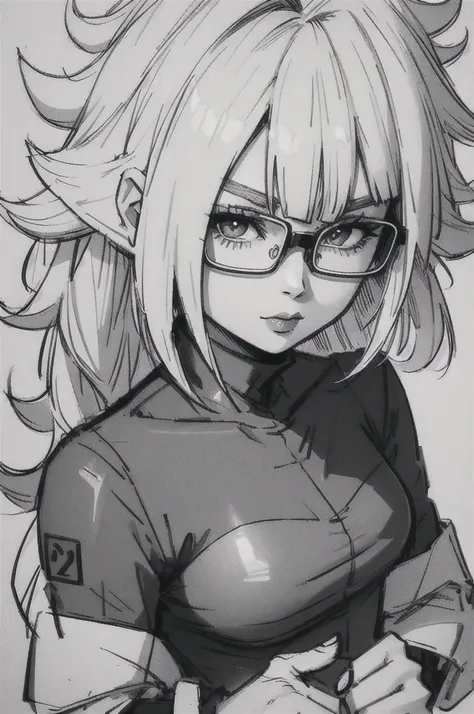 1girl, Android 21, glasses, solo, monochrome, greyscale, long hair, portrait, turtleneck, closed mouth, bangs, looking at viewer, blunt bangs, sketch, graphite (medium), lips, hatching (texture)