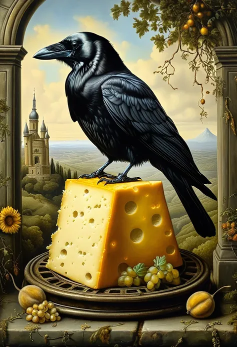 surreal illustration by Kevin Sloan, oil painting, "a hooded crow sits on a wheel of cheese" , against the backdrop of Renaissance wildlife 
((Стиль Kevin Sloan)) ,((Hyper-realistic)), Градиент  Kevin Sloan, complex parts, Intricate, aesthetics, ((best qua...