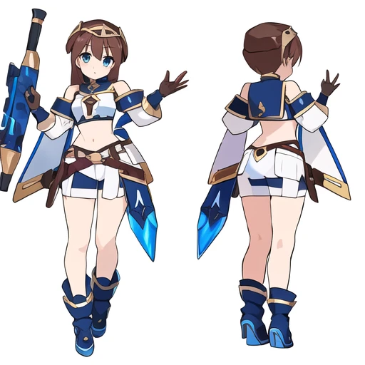 masterpiece, best quality, cute eyes, 1girl, solo, high fantasy costume, ((white background)), full body, multiple views, holding weapon, crop top,