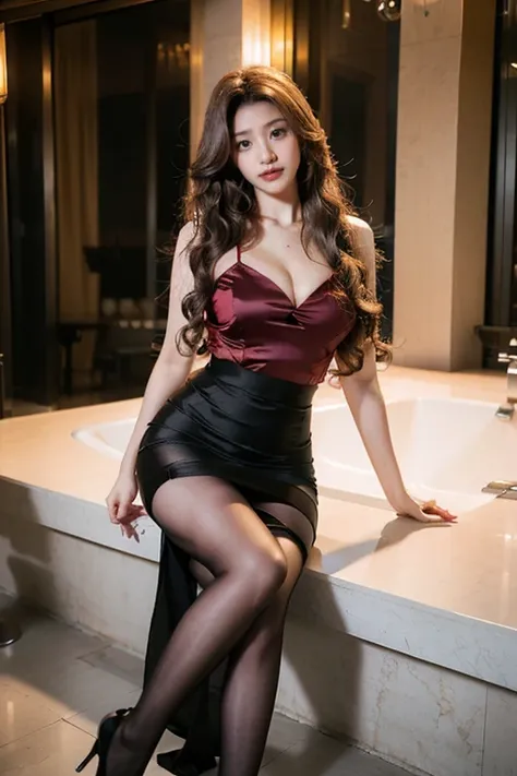 Wavy curly hair，Heavy makeup，Red lips，Cheongsam long skirt，Clear silk pantyhose，Black stiletto heelature，By bangs indian girl，Ancient architecture