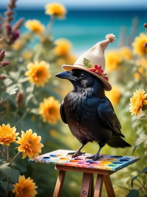 a photo with a tilt shift, selective focus, miniature effect, highly detailed, bright, perspective control, a picture with a natural tilt (whimsically artistic), charming additional fluffy, Cute crow wearing a hat, ((He paints a still life on an easel, bru...