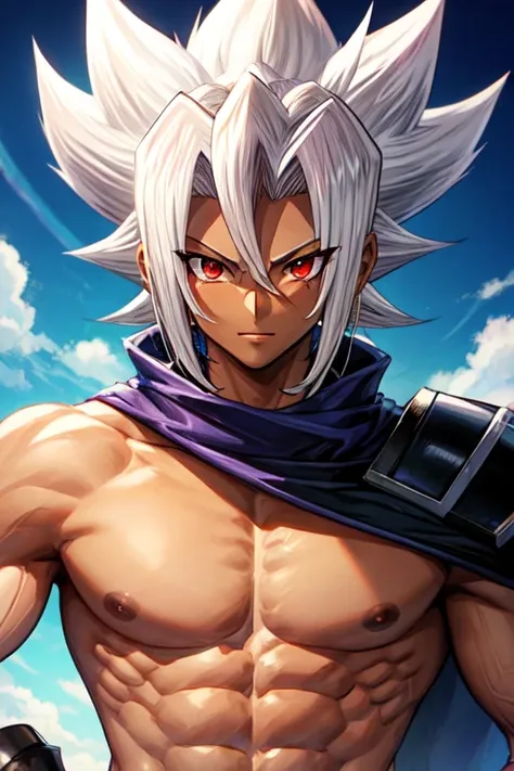 Male,dark skin, red eyes, white hair, Yu-Gi-Oh,Muscular 