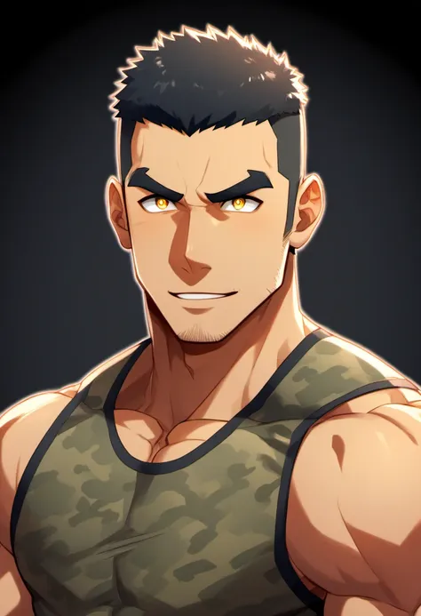 anime characters：gyee, fitness coach, 1 muscular tough guy, manliness, male focus, camouflage sleeveless t-shirt, very tight, sl...