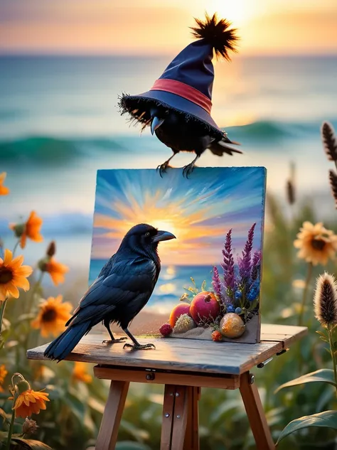 a photo with a tilt shift, selective focus, miniature effect, highly detailed, bright, perspective control, a picture with a natural tilt (whimsically artistic), charming additional fluffy, Cute crow wearing a hat, ((He paints a still life on an easel, bru...