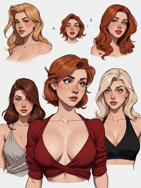 Character style illustration style Completely bare breasts showing small fear Breast size Cartoon name: white background medium breasts freckled face Sabrina Spielman and Luna actress strong contours Physical description - long, straight hair, tingidos de ...