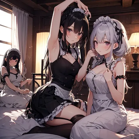 A group of  maids, (in bedroom), various hair styles, harem, wearing maid clothes, night, details face, short skirt, seducing, sleeveless, armpits 