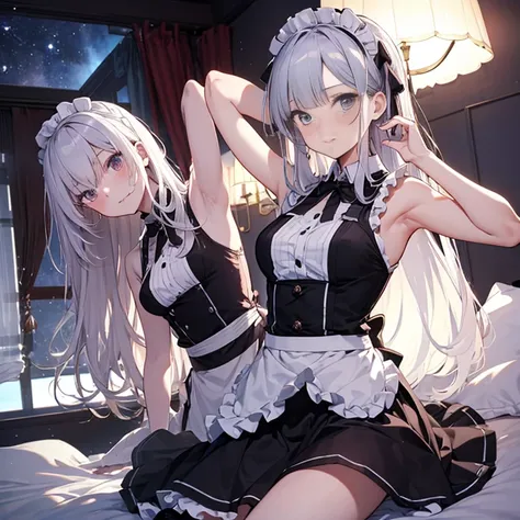 A group of  maids, (in bedroom), various hair styles, harem, wearing maid clothes, night, details face, short skirt, seducing, sleeveless, armpits 