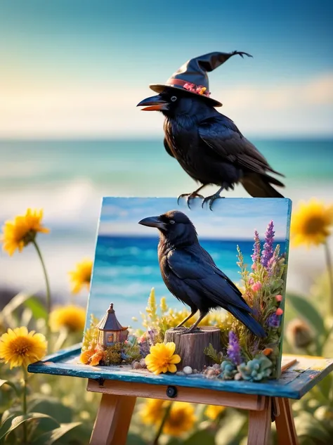 a photo with a tilt shift, selective focus, miniature effect, highly detailed, bright, perspective control, a picture with a natural tilt (whimsically artistic), charming additional fluffy, Cute crow wearing a hat, ((He paints a still life on an easel, bru...