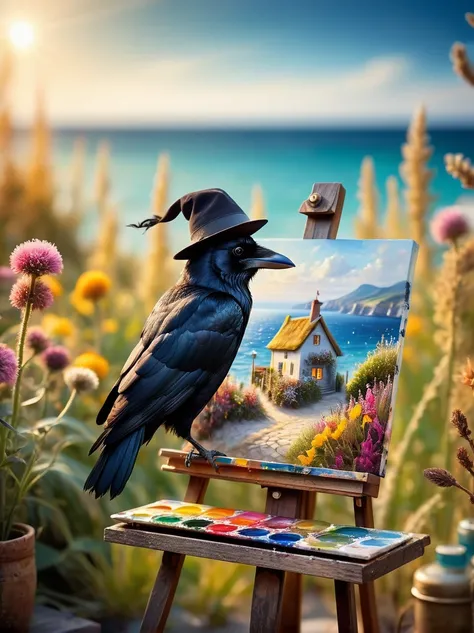 a photo with a tilt shift, selective focus, miniature effect, highly detailed, bright, perspective control, a picture with a natural tilt (whimsically artistic), charming additional fluffy, Cute crow wearing a hat, ((He paints a still life on an easel, bru...