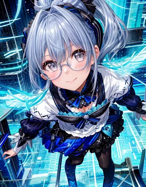 
1 girl、solo、(((Blue and silver hair、right ponytail)))、chest、look at the viewer、blush、smile、hair accessories、、Busty、whole body、pantyhose、、黒のpantyhose、exposed arms、太ももにバンドが付いたpantyhose、(((Glasses with cute frames)))