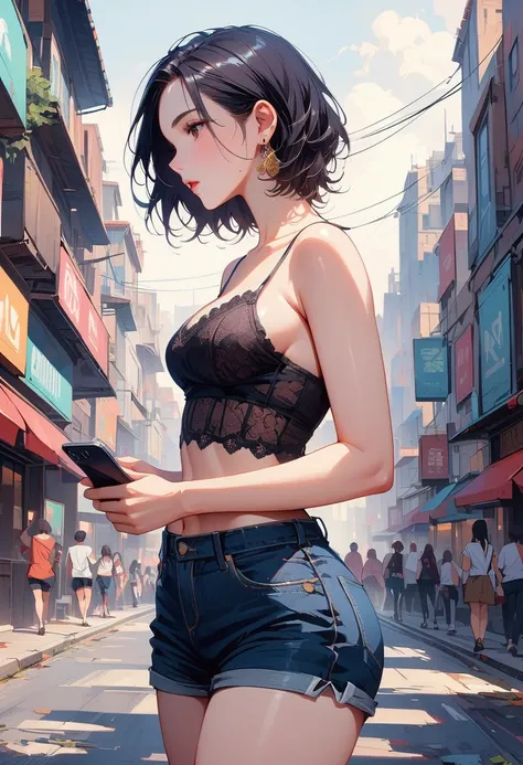 Photos of beautiful women&#39;s upper body, Playing with mobile phones in the middle of the road, [perspective](Short lace camisole:1.47), natural breasts, medium breasts, (Willow Yao, perfect body curves), earrings, sharp focus, (tall figure, adult women)...