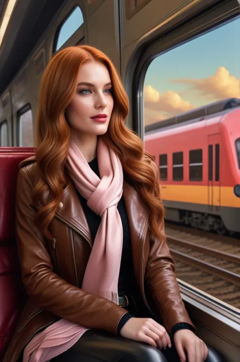 A portrait of a gorgeous, beautiful, stunning russian woman wearing a elegant outfit: a brown leather jacket, a dark sweater, leather pants, and pastel pink scarf. A redhead woman from Russia, delicate red lips, pastel pink skin tone, soft flawless pale sk...