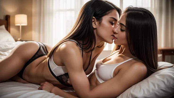 Two 16-years-old schoolgirls cuddling each other in bed, kissing, making out passionately, lips touching, hugging tight, kissing, passionate, erotic, (black panties), white crop top, strong arms, muscular thighs, ripped muscles, six pack abs, muscle arms, ...