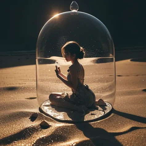 a shattered hourglass falling in the middle of the pphoto, its sands suspended mid-fall. A serene, vintage scene is the background. A womans silhouette is inside the shattered hourglass, her figure caught in the delicate intersection between fleeting momen...