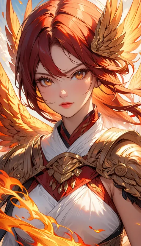 Close-up of a woman on fire and flames, With fiery golden wings of flame, With fiery golden wings, epic fantasy art style, concept art | artistic germ, Phoenix Warrior, extremely detailed artistic germ, Epic fantasy digital art style, female protagonist, A...