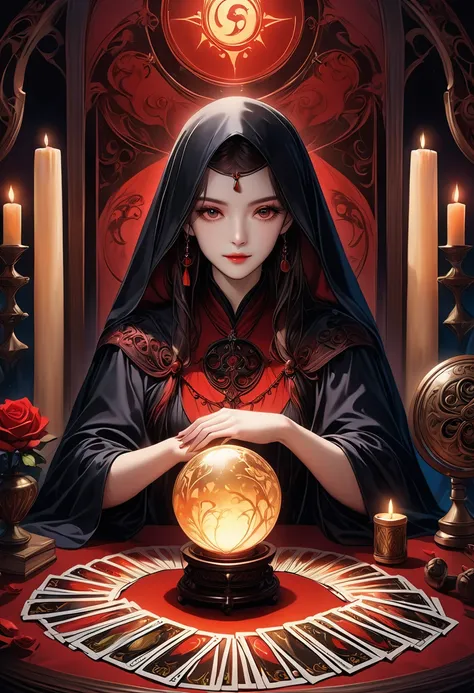 A beautiful and mysterious fortune teller in a compact and intriguing setting. The fortune teller is wearing a cloak, with exquisitely detailed facial features. 

The scene is dimly lit, creating an atmosphere of uncertainty and anticipation. The fortune t...