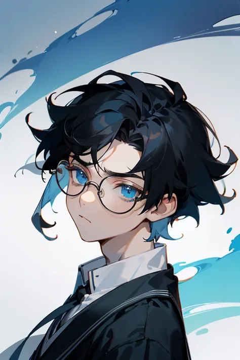 (15 year old male) (black hair, blue eyes) (wears round glasses) (Wearing a Korean school uniform) (The man looks gloomy) 