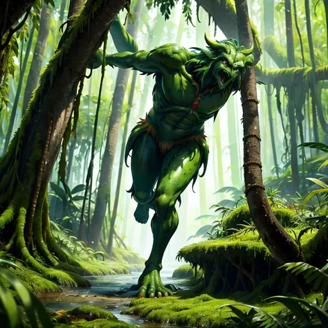 In the depths of the Amazon forest, a legendary creature with vibrant green skin and abundant red hair, referred to as the "Reverse-Footed One," wanders among the ancipartes. With each step, this altura humana defies the natural order as its feet face back...