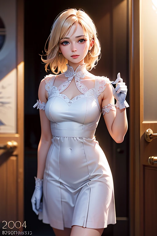 (photograph realistic:1.55), masterpiece, highest quality, be familiar with, Blurry, depth_of_field, Blurry_background, Blurry_prospect, 1女of子, gloves, white_gloves, dress, motion_Blur, photograph_(Moderate), alone, white_dress