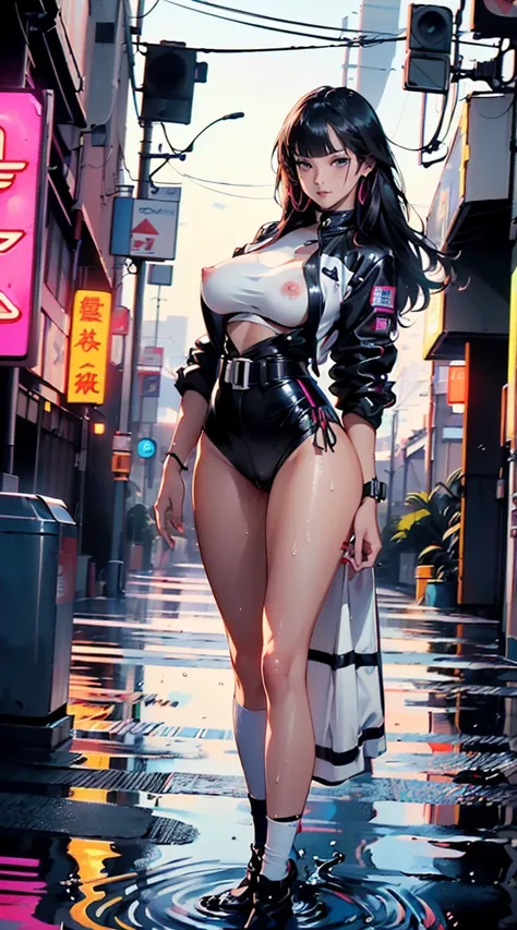 cyberpunk girl,(((1 girl))),((cute and beautiful black haired girl)), (big breasts:1.4),saggy breasts,myself,((straight 髪:1.3, long hair:1.5, 重いbangs:1.5)),((bangs)),(((neon_rainbow_eye:1.3))),(((Glossy skin:1.5,bright skin: 1.5,tanned skin,shiny skin,とても ...