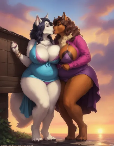 by Pino Daeni, (by Foxovh), by dizzyknight, by cumbread, by sligarthetiger, explict content, uploaded on e621, (extremely detailed:1.3), 2 girls, (duo focus:1.2), (kissing:1.3), (breasts frottage:1.5), (furry body), (mature female:1.5), wide hips, (very ta...