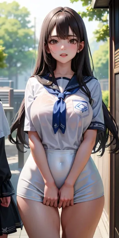 table top,最high quality,超high quality,high quality,realistic,photo-realistic, table top, cinematic lighting, super detailed, (2 girls:1.9), (Girl touching another girl&#39;head:1.1), walk, girl long black hair, Girl Bより背が高い, gentle smile, Wearing a sick ma...