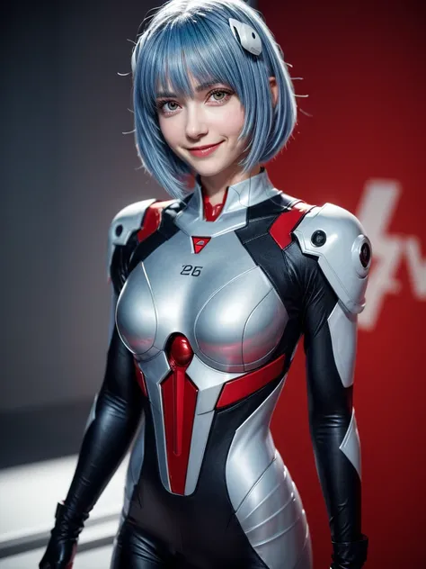 Masterpiece, highest quality, 8K, detailed skin texture, fine cloth texture, beautiful detailed face, intricate details, super detailed, portrait of Rei Ayanami, blue hair, red eyes, looking far away, no background, Evangelion Wearing a plug suit when ridi...