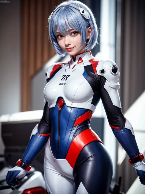 Masterpiece, highest quality, 8K, detailed skin texture, fine cloth texture, beautiful detailed face, intricate details, super detailed, portrait of Rei Ayanami, blue hair, red eyes, looking far away, no background, Evangelion Wearing a plug suit when ridi...