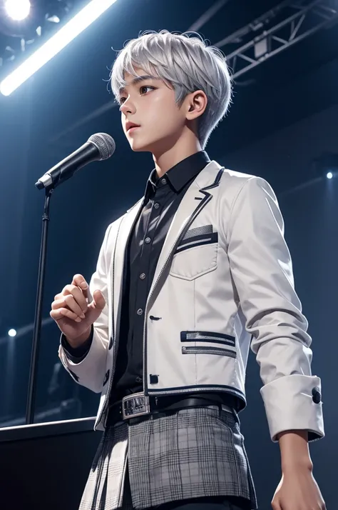 silver hair　short hair　beautiful boy　baby face　high school student　Idol clothes　concert　microphone　live-action