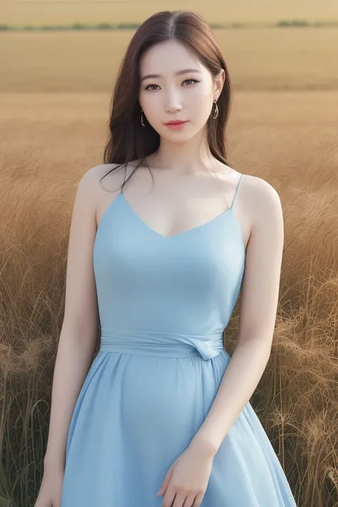 kzh1, woman, (realistic), (hyper realism), (photorealistic), Depth of the bounds written, eye make up:0.8, (Upper body:1.2), (tight waist), looking at the viewer, light blue dress, in the field, 