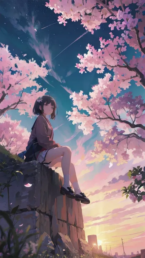 見上げるgirl シーン 1: Shadow of cherry blossoms at dusk A girl standing quietly with the sky behind her, Blue colored. 彼女の目の前にそびえ立つのはバベルのtowerと呼ばれる巨大なcherry blossomsだ. shape, Like piercing the clouds, It&#39;nice&#39;Getting to the sky. girl&#39;視線はcherry blosso...